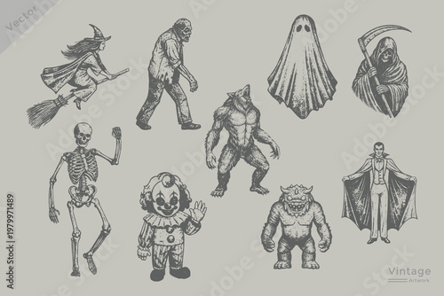 Halloween element set in vintage engraving style illustration. Halloween collection Witch flying, ghost, vampire, zombie, skeleton, grim reaper, werewolf, devil, monster, scary grunge dotted texture. 