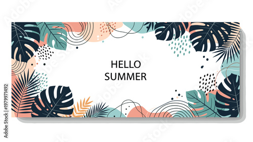 Hello summer banner design with abstract peach and blue shapes and dark green tropical leaf silhouettes for sales promotions.