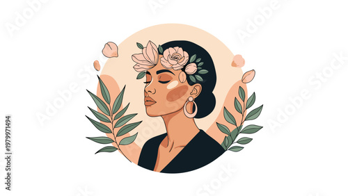 Elegant illustration of a woman with her eyes closed and pink flowers in her hair within a circular botanical frame.