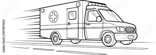 Black and white line of an ambulance speeding down a road with motion lines medical