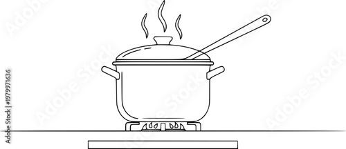 Black and white line of a steaming pot a gas stove with a ladle cooking