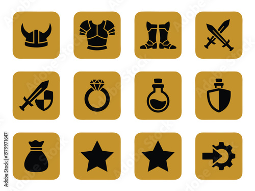 Set of fantasy game interface icons featuring equipment and items.