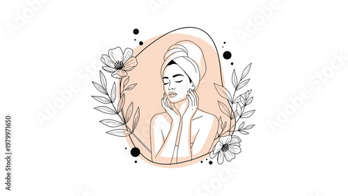 Minimalist aesthetic illustration of a woman with her head wrapped in a towel enjoying a skincare routine framed by delicate floral branches.