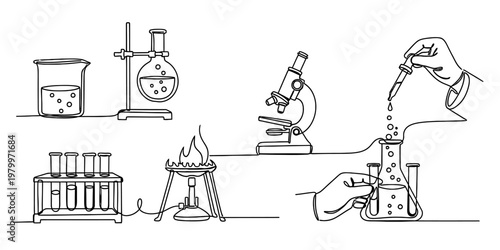 A collection of various scientific laboratory equipment line art drawings for education and study