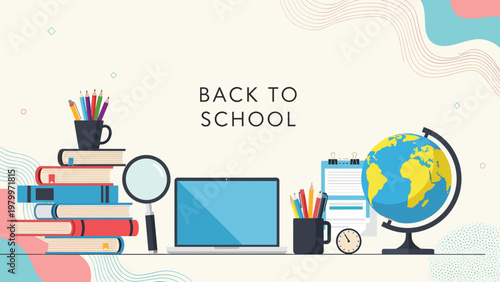 Educational background for back to school featuring a laptop, stacks of books, a world globe, and colorful office supplies.