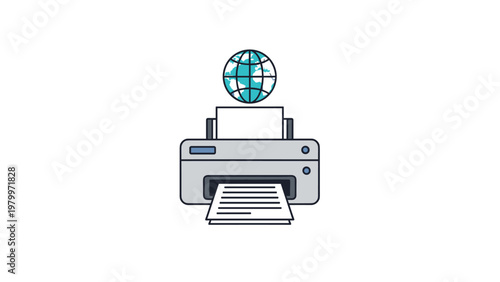 Modern office printer discharging a document with a global network icon above symbolizing worldwide cloud printing and connectivity solutions.