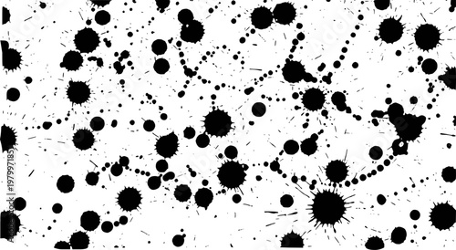 Black ink splatters and drops a white background abstract pattern