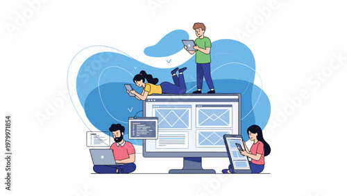 Creative team of designers and developers collaborating around a large computer monitor to build a modern website or application.