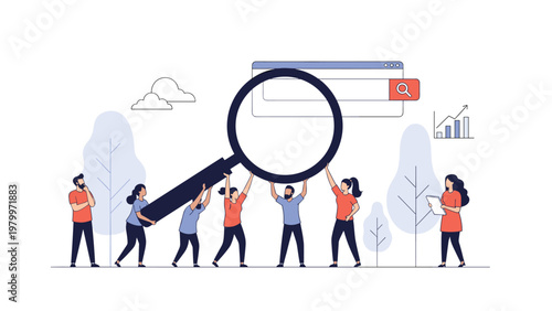 Team of people working together to lift a giant magnifying glass over a digital search bar for information discovery and web research.