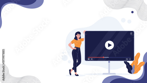 Young woman in casual wear leaning against a large digital video player screen, representing online learning and digital content streaming.