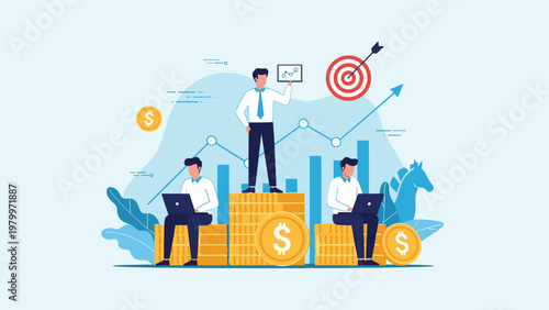 Business competition concept showing three men on stacks of coins with a leader on the highest stack near a growth chart.
