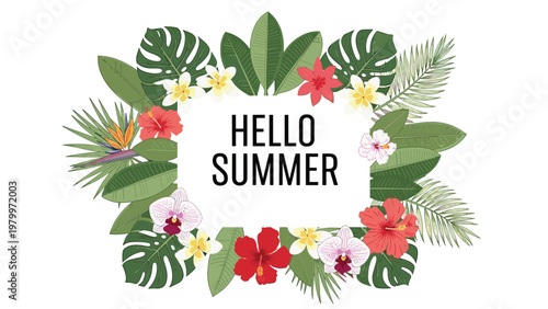 Fresh tropical theme banner with hello summer text inside a white rectangular frame bordered by exotic flowers and green palm leaves.