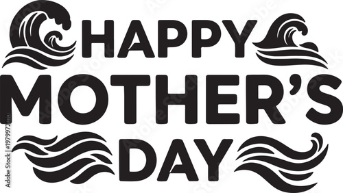 Happy mothers day calligraphy with ocean waves icons for beach loving moms celebration card design