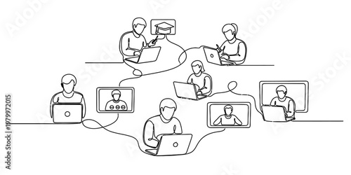 A continuous line drawing depicting a group of students engaged in remote online digital learning