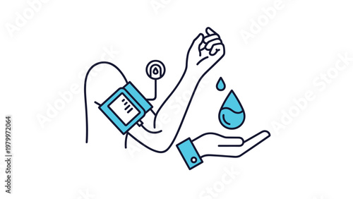 Healthcare concept illustration depicting blood pressure measurement and blood donation symbols in a clean blue and black line art style.