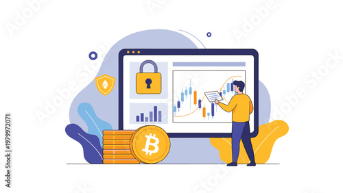 Professional trader analyzes stock market data on a secure computer screen protected by encryption while holding an important document.