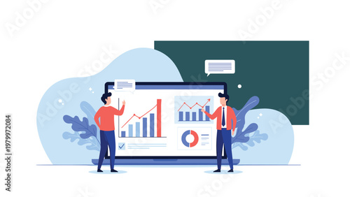 Business consultants analyzing growth charts and financial statistics on a laptop screen during a strategic team meeting.