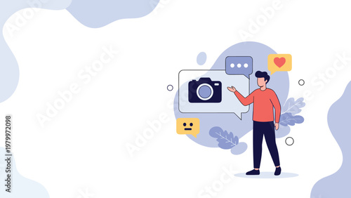 Social media and photography concept featuring a man interacting with camera icon and messaging bubbles for content sharing and engagement.