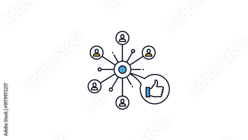 Social network concept featuring a central hub connected to multiple person avatars and a positive like or approval symbol.