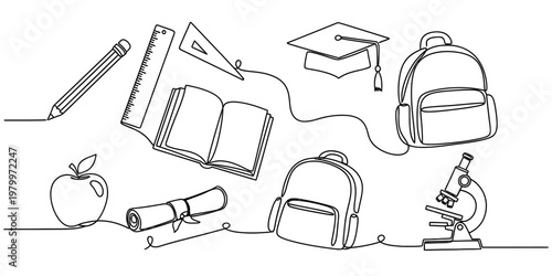 Continuous line drawing of various educational supplies including books and school equipment