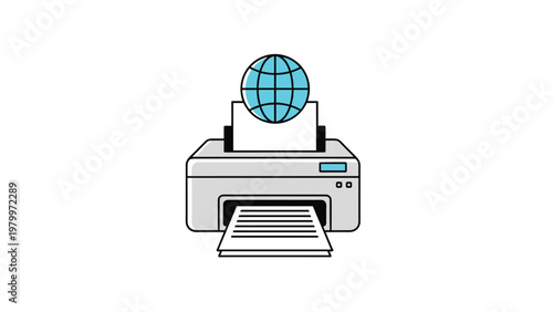 Network printing concept illustrating a modern gray printer with a blue globe symbol and a paper document being processed.