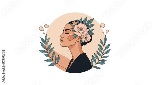 Artistic profile illustration of a woman with beautiful flowers tucked into her hair surrounded by a circular frame and leafy branches.