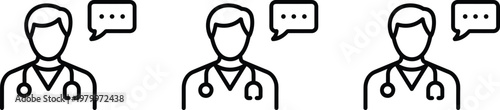 Doctor consultation icon set with medical professional and chat symbols for healthcare communication and patient support interface design