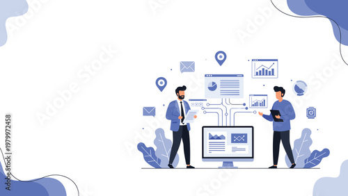 Business analysts collaborating on a data-driven project using various charts and communication icons in a modern office setting.