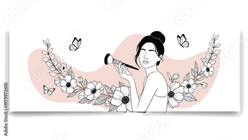 Elegant beauty concept illustration featuring a woman holding a makeup brush surrounded by delicate black line art flowers.