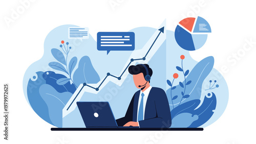 Customer service representative with a headset working on a laptop computer against a background of lush plants and a rising growth graph.