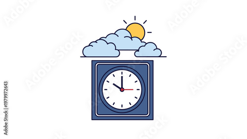 Conceptual illustration of time and weather showing a square wall clock positioned below a group of clouds and a bright sun.