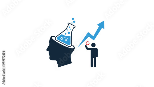 Scientific innovation and personal growth concept showing a head silhouette with a laboratory flask and an upward blue arrow.