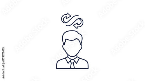 Simple line icon depicts a businessman with circular recycling arrows above his head symbolizing workflow or repetitive thinking.