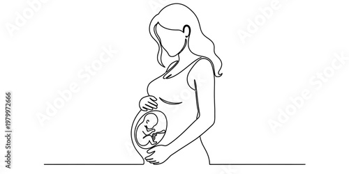 A single continuous line drawing of a pregnant woman holding her stomach with a fetus inside it