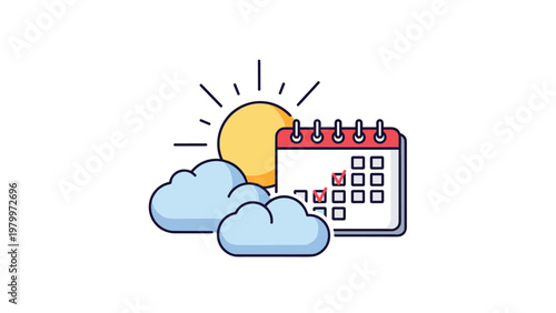 Weather and scheduling icon set displays a bright yellow sun behind blue clouds and a calendar marked with red checkmarks.
