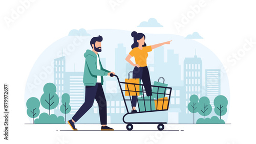 Playful couple shopping in the city with a man pushing a woman in a shopping cart filled with colorful bags against a cityscape.