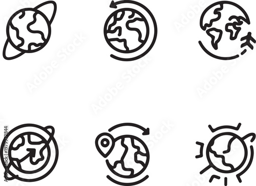 Variations of stylized globe icons with different thematic elements and designs Vector