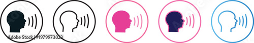 Talking man vector icon set,Voice recognition and assistant icons design, Speech recognition and voice control symbols. creative sign of a speaking man isolated on white background.
