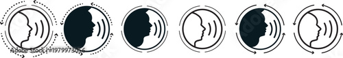 Talking man vector icon set,Voice recognition and assistant icons design, Speech recognition and voice control symbols. creative sign of a speaking man isolated on white background.
