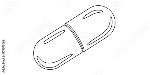 A simple black and white line drawing of a medicinal pill capsule shown from an isometric angle