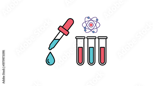 Science laboratory icon set features a liquid dropper, three test tubes filled with chemicals, and a purple atomic structure.