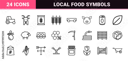 Organic agriculture and livestock farming minimalist outline icon set.