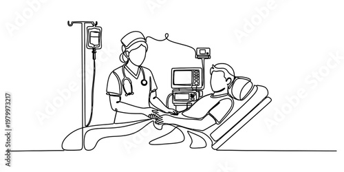 Continuous line drawing of a caring nurse attending to a patient lying in a hospital bed setup