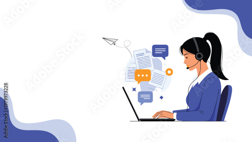 Professional female customer support agent wears a headset while working on her laptop with speech bubbles and files in the background.