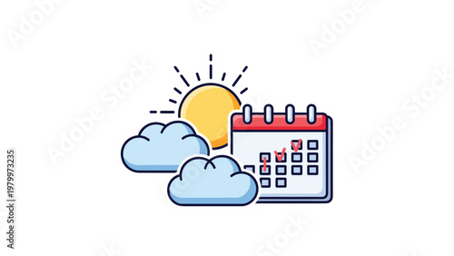 Weather and time planning concept showing a sunny and cloudy day icon with a marked calendar and red checkmark symbols.