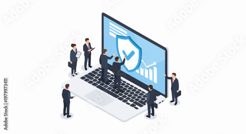 Isometric Cyber Security and Data Protection Concept: Business Team Working on Laptop with Shield Icon for Information Privacy and Network Safety