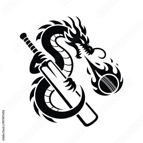 Stylized black dragon entwined with cricket bat and fiery ball isolated on transparent background