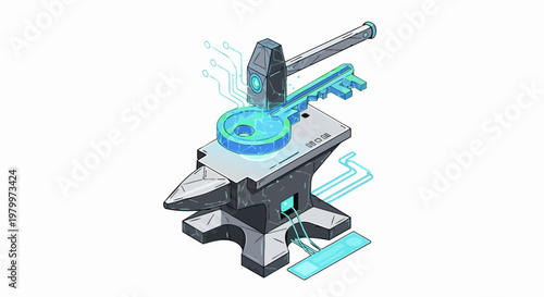 Cyber Security Key Forged on Digital Anvil Isometric Illustration, Blockchain Technology and Software Development Concept
