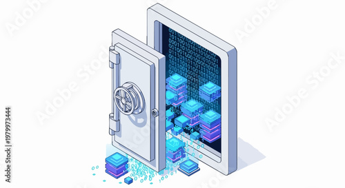 Cybersecurity and Data Protection Concept: Isometric Illustration of an Open Bank Vault with Glowing Digital Server Blocks and Binary Code on White Background