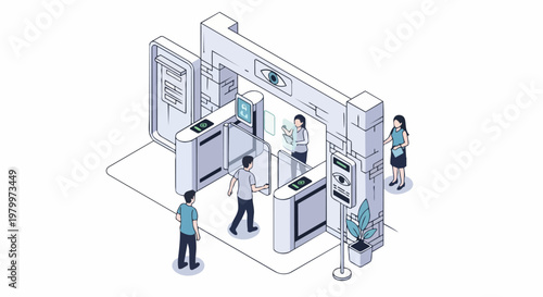 Isometric Biometric Security Access Control with Facial Recognition and Iris Scanning Turnstile Gate for Smart Office